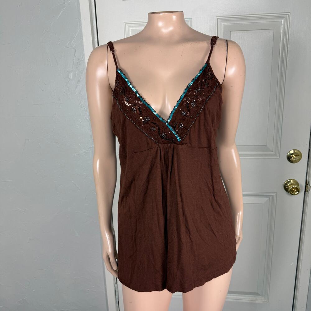 Newport News Brown Sleeveless Lace-Trim Cami with Teal Accents